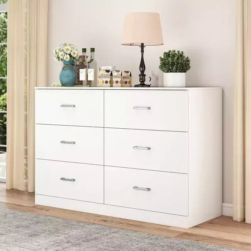 Cómoda doble de 6 cajones, moderna, de madera, con almacenamiento para dormitorio, blanca