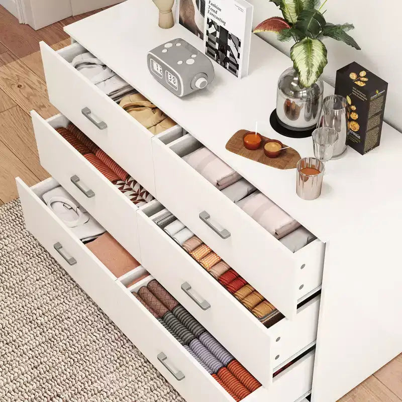 Cómoda doble de 6 cajones, moderna, de madera, con almacenamiento para dormitorio, blanca