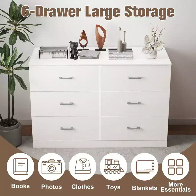 Cómoda doble de 6 cajones, moderna, de madera, con almacenamiento para dormitorio, blanca