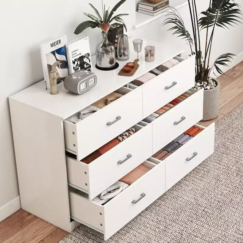 Cómoda doble de 6 cajones, moderna, de madera, con almacenamiento para dormitorio, blanca