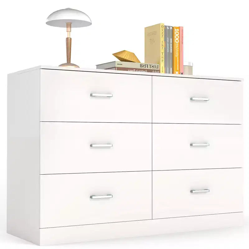 Cómoda doble de 6 cajones, moderna, de madera, con almacenamiento para dormitorio, blanca
