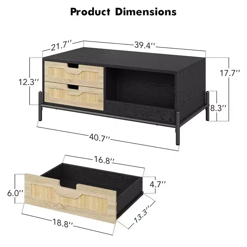 Mesa de Centro de Ratán con Luces LED, Mesa de Centro Moderna de Mediados de Siglo con 4 Cajones y Estante de Almacenamiento Abierto, Mesa de Centro de Madera para Sala de Estar