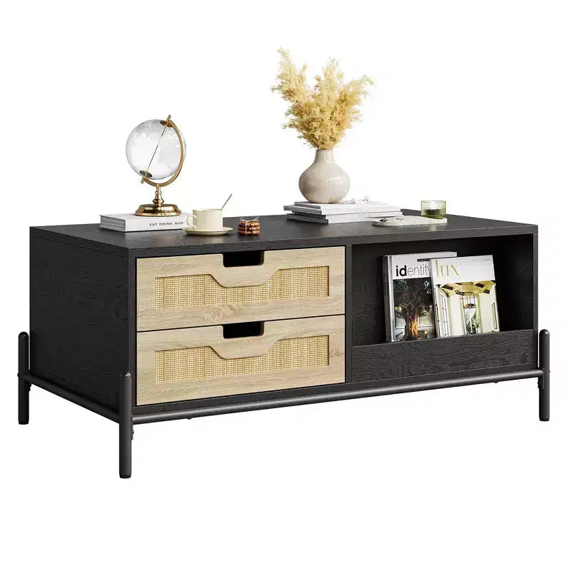 Mesa de Centro de Ratán con Luces LED, Mesa de Centro Moderna de Mediados de Siglo con 4 Cajones y Estante de Almacenamiento Abierto, Mesa de Centro de Madera para Sala de Estar