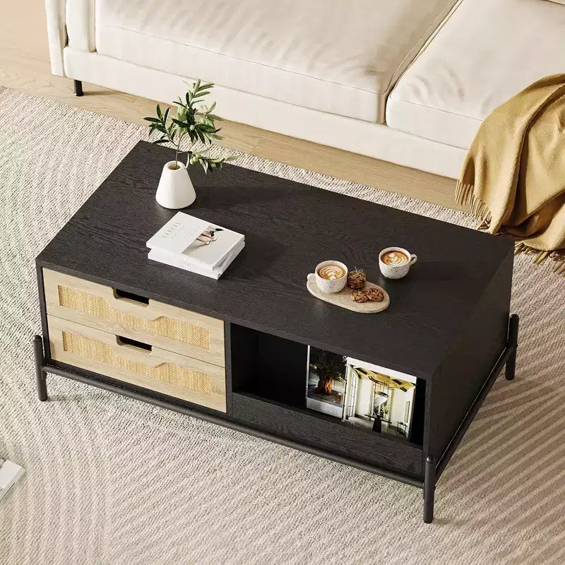 Mesa de Centro de Ratán con Luces LED, Mesa de Centro Moderna de Mediados de Siglo con 4 Cajones y Estante de Almacenamiento Abierto, Mesa de Centro de Madera para Sala de Estar