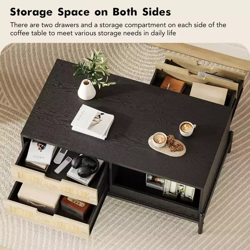 Mesa de Centro de Ratán con Luces LED, Mesa de Centro Moderna de Mediados de Siglo con 4 Cajones y Estante de Almacenamiento Abierto, Mesa de Centro de Madera para Sala de Estar