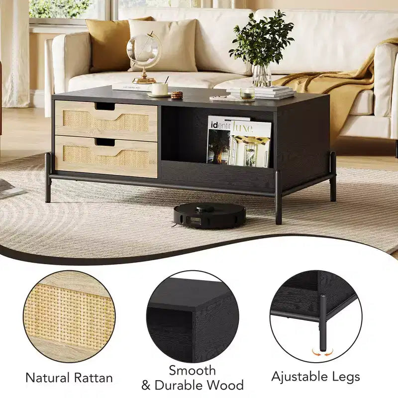 Mesa de Centro de Ratán con Luces LED, Mesa de Centro Moderna de Mediados de Siglo con 4 Cajones y Estante de Almacenamiento Abierto, Mesa de Centro de Madera para Sala de Estar