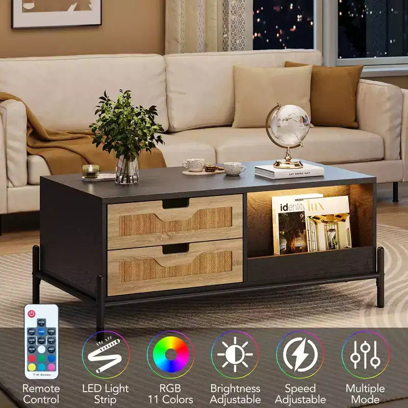 Mesa de Centro de Ratán con Luces LED, Mesa de Centro Moderna de Mediados de Siglo con 4 Cajones y Estante de Almacenamiento Abierto, Mesa de Centro de Madera para Sala de Estar