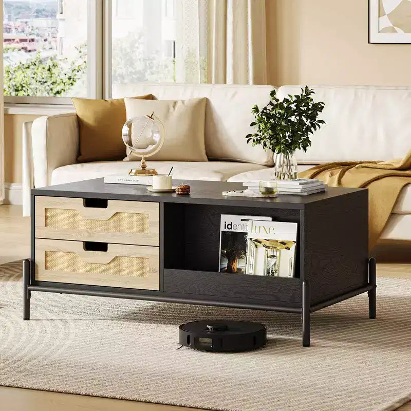 Mesa de Centro de Ratán con Luces LED, Mesa de Centro Moderna de Mediados de Siglo con 4 Cajones y Estante de Almacenamiento Abierto, Mesa de Centro de Madera para Sala de Estar