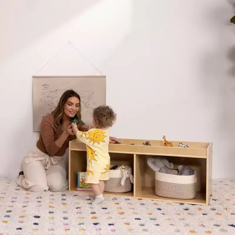 Armario de almacenamiento de doble cara con tablero de actividades y espejo, mobiliario de aula