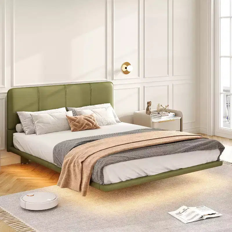 Cama flotante tapizada moderna tamaño full con iluminación LED