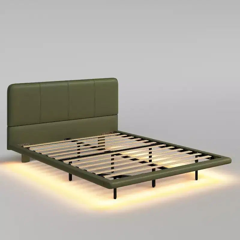 Cama flotante tapizada moderna tamaño full con iluminación LED