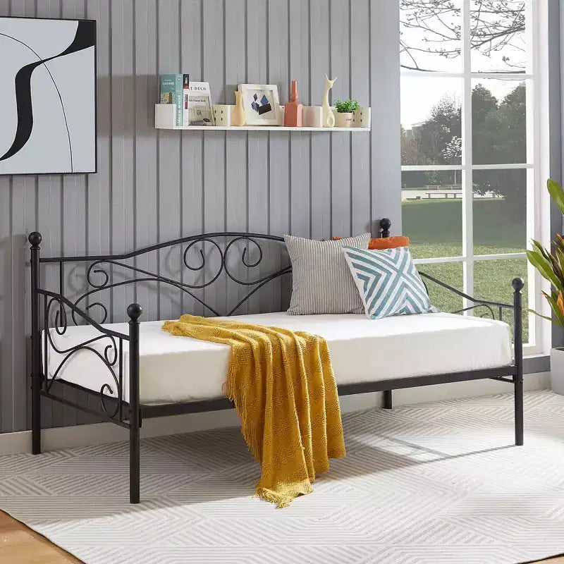 Sofá cama clásico individual con diseño elegante, sofá cama de plataforma de metal con cabecero, sofá cama para espacios pequeños