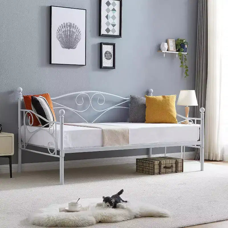 Sofá cama clásico individual con diseño elegante, sofá cama de plataforma de metal con cabecero, sofá cama para espacios pequeños